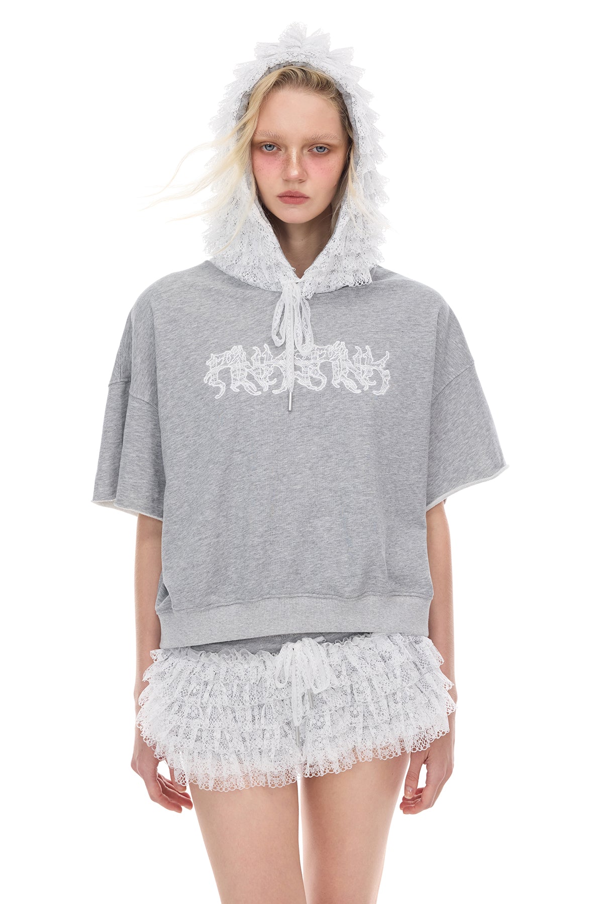 レース クロップド フーディ