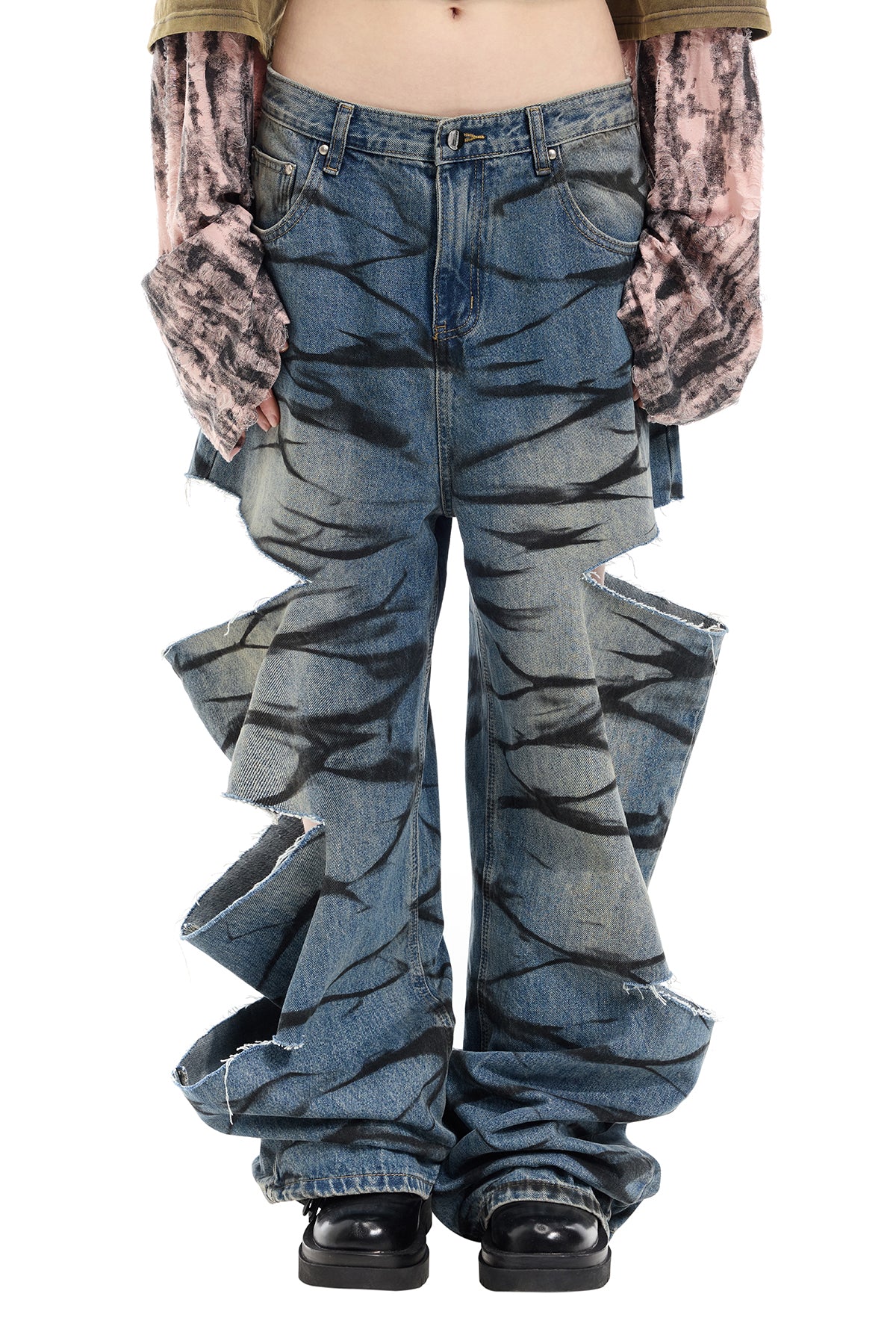 レイヤード リップド ジーンズ